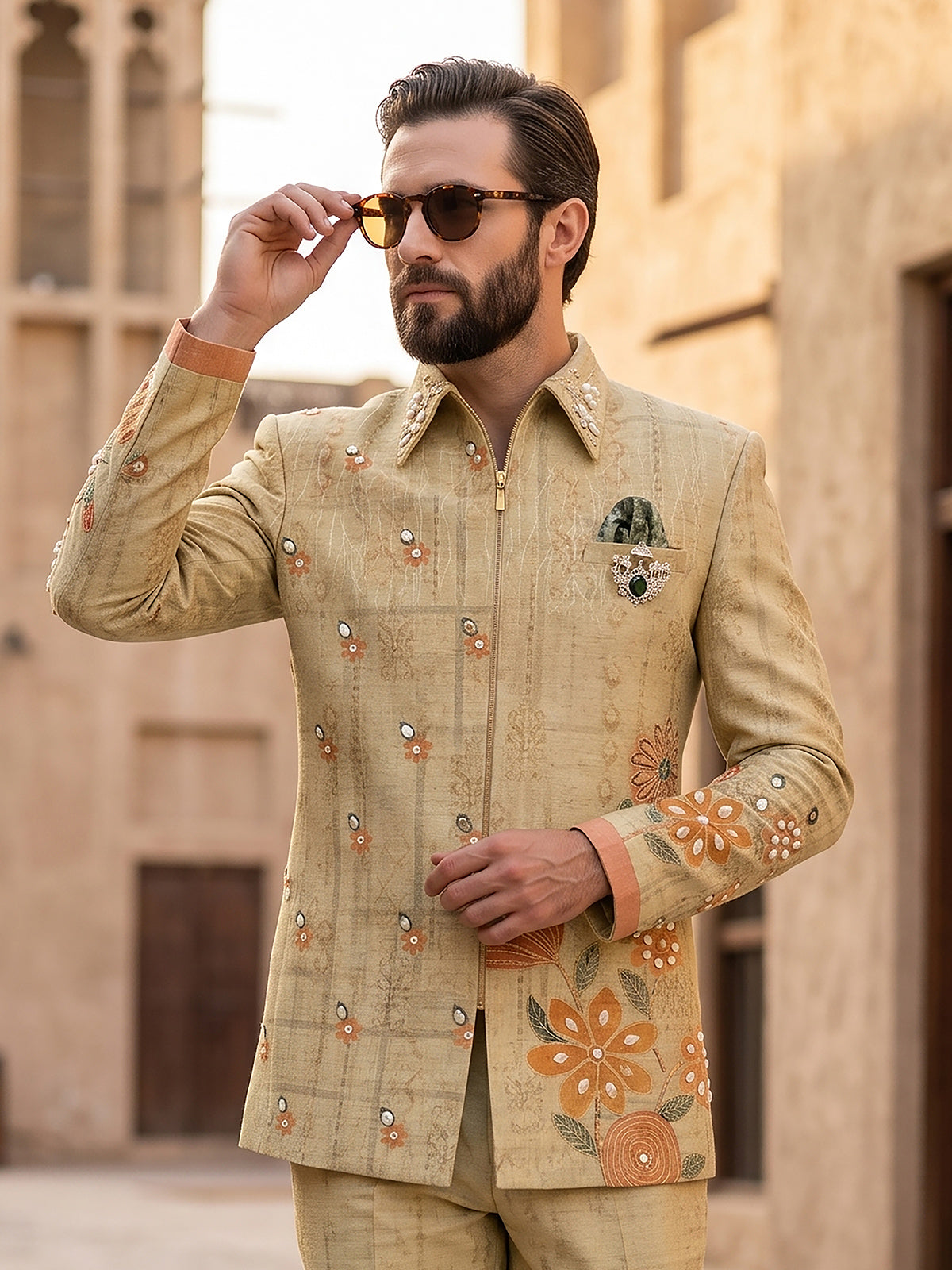Beige designer mens indo western