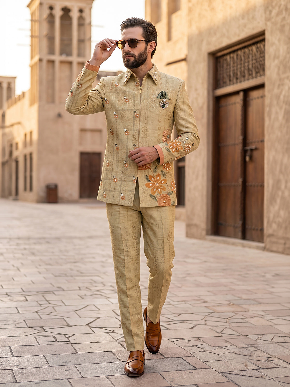 Beige designer mens indo western