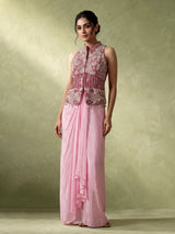 Pink designer crepe satin silk indowestern suit with embellishments