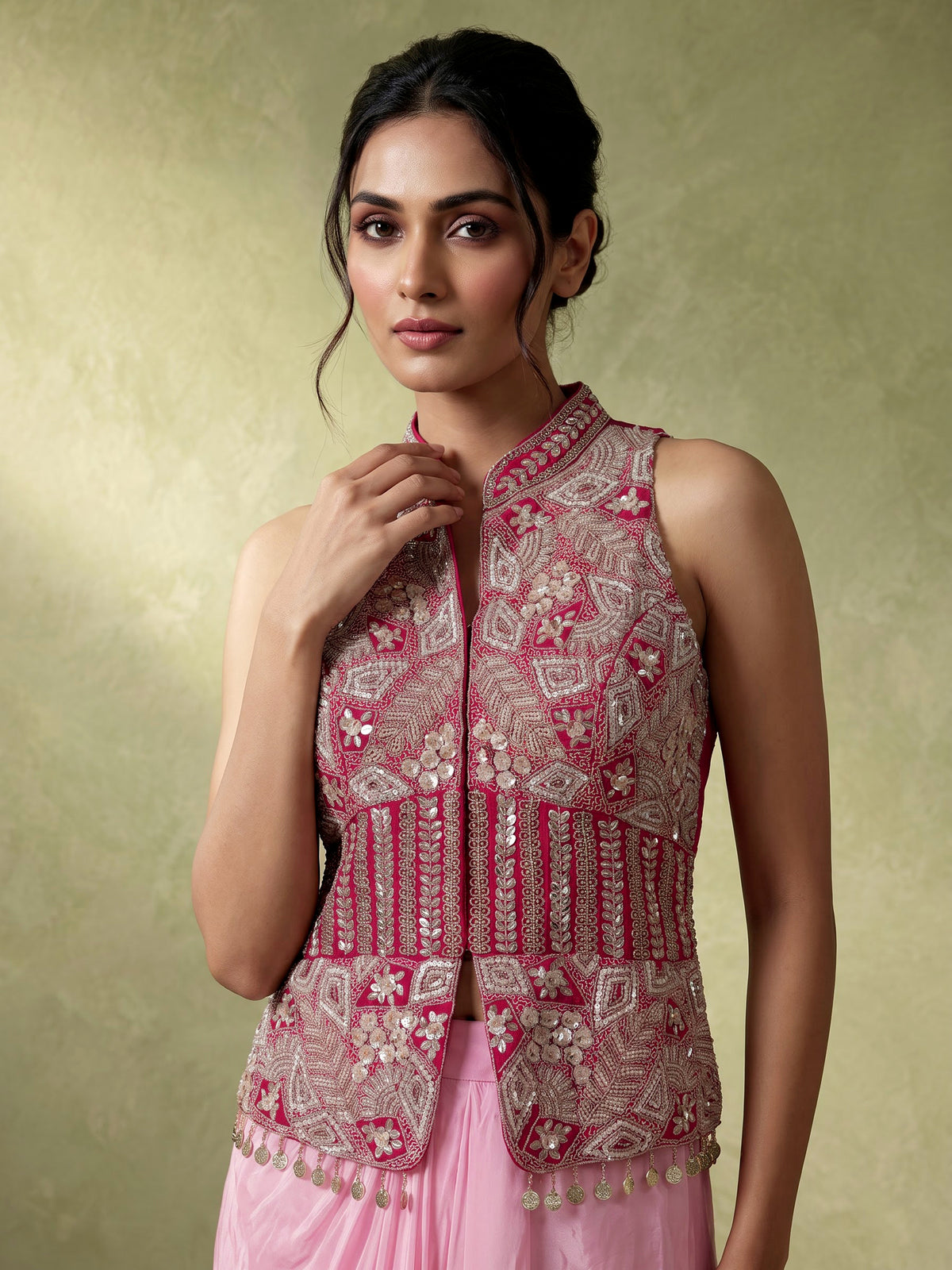 Pink designer crepe satin silk indowestern suit with embellishments