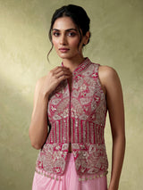 Pink designer crepe satin silk indowestern suit with embellishments