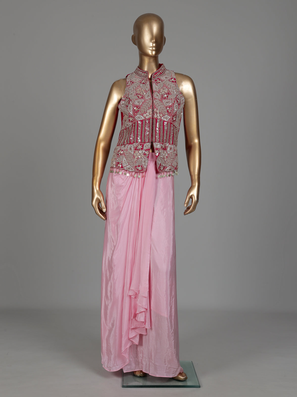 Pink designer crepe satin silk indowestern suit with embellishments