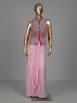 Pink designer crepe satin silk indowestern suit with embellishments