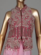 Pink designer crepe satin silk indowestern suit with embellishments