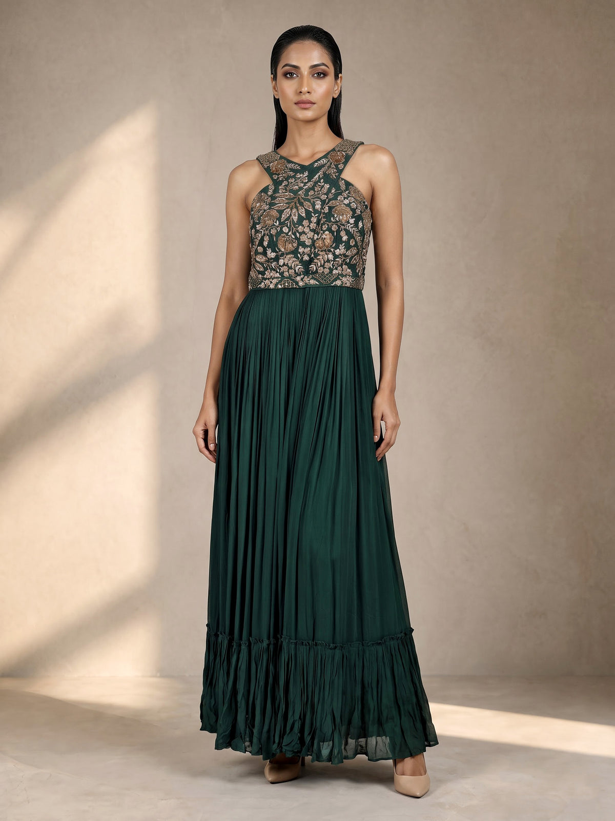 Bottle green georgette anarkali with waist belt and zardosi embellishments