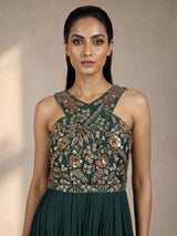 Bottle green georgette anarkali with waist belt and zardosi embellishments