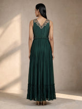 Bottle green georgette anarkali with waist belt and zardosi embellishments