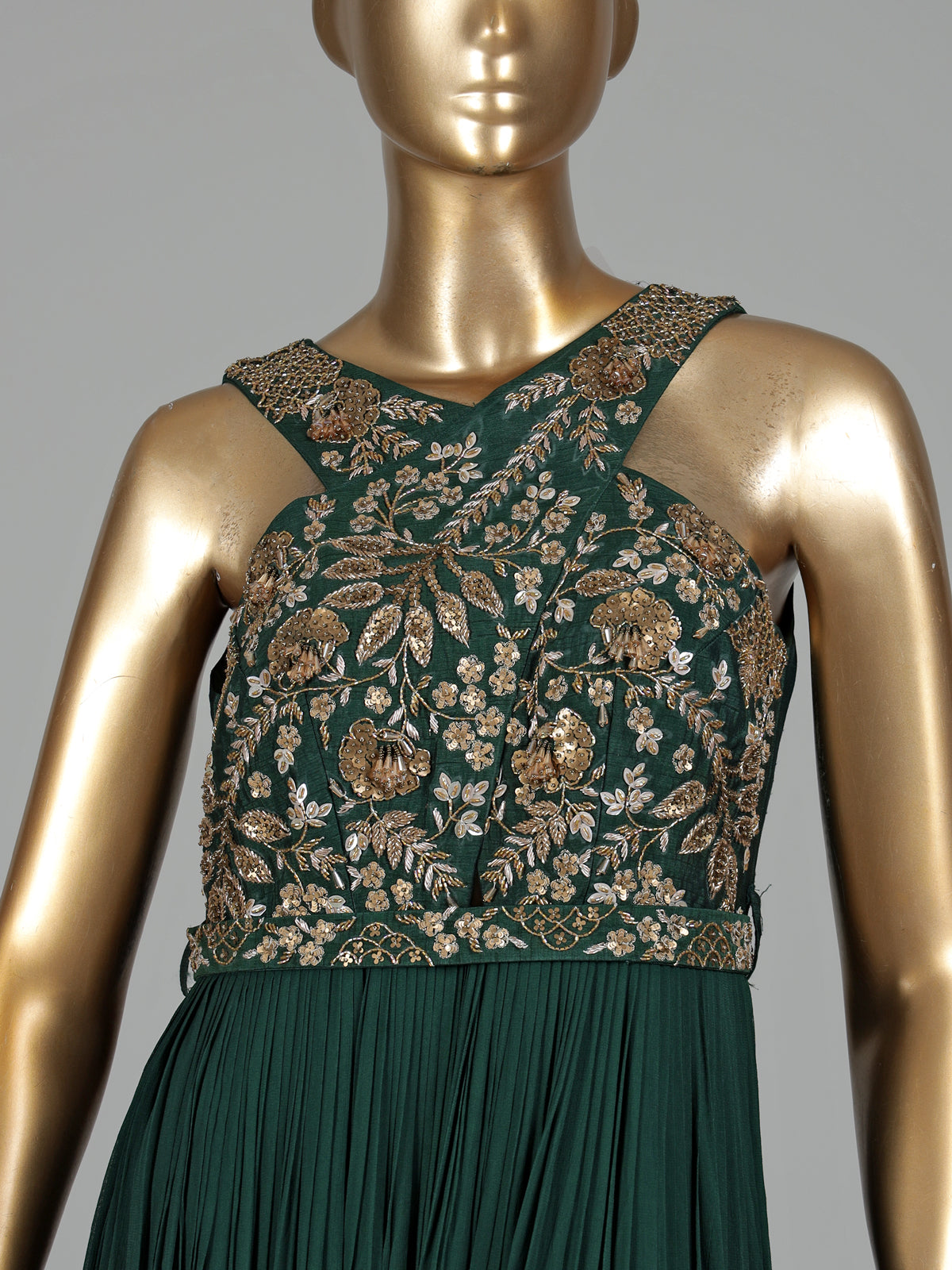 Bottle green georgette anarkali with waist belt and zardosi embellishments