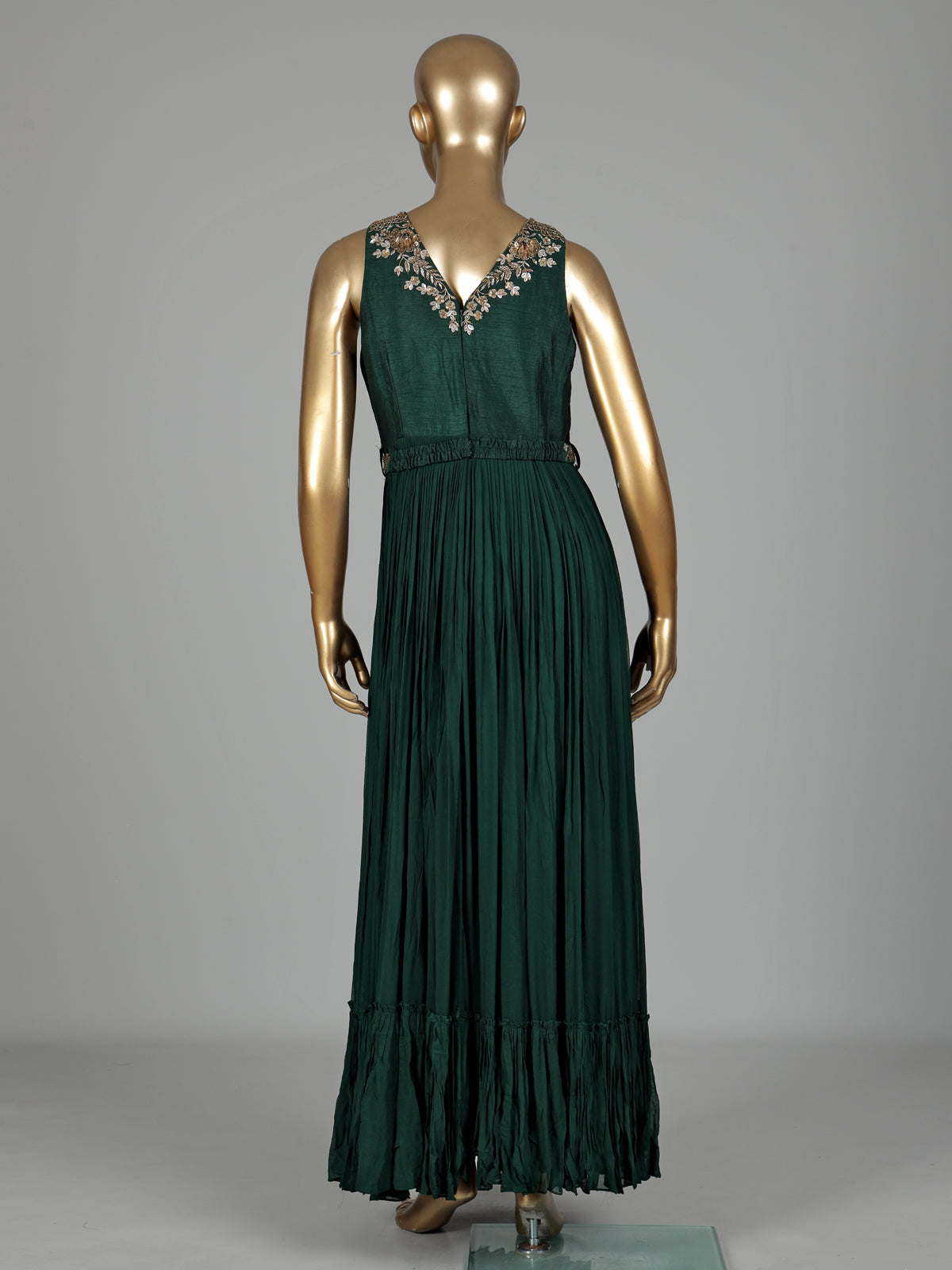 Bottle green georgette anarkali with waist belt and zardosi embellishments