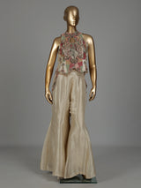 Beige designer chanderi silk palazzo suit with pearls and cutdana work