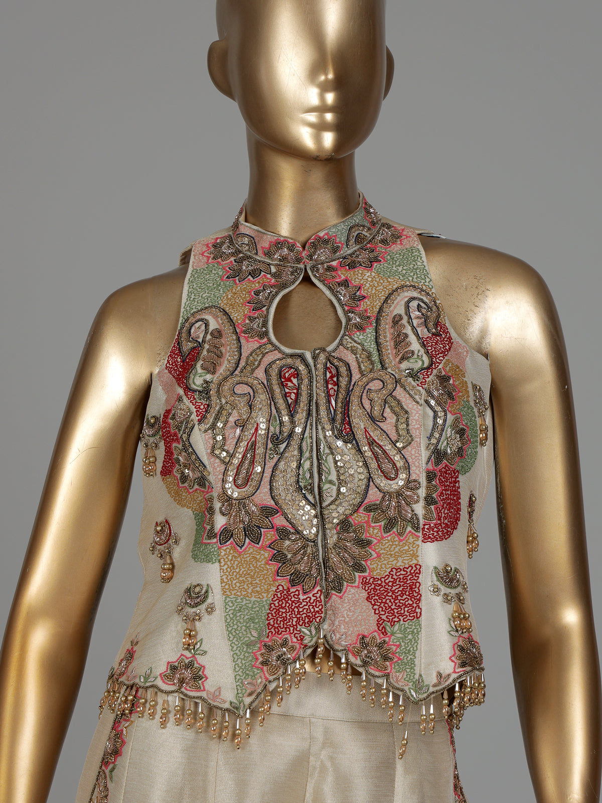 Beige designer chanderi silk palazzo suit with pearls and cutdana work