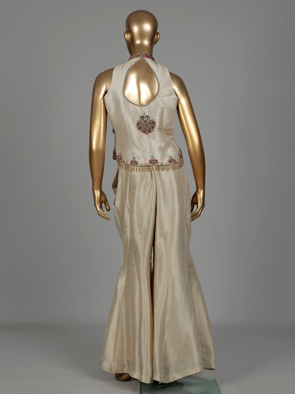 Beige designer chanderi silk palazzo suit with pearls and cutdana work
