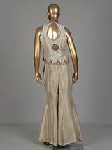 Beige designer chanderi silk palazzo suit with pearls and cutdana work