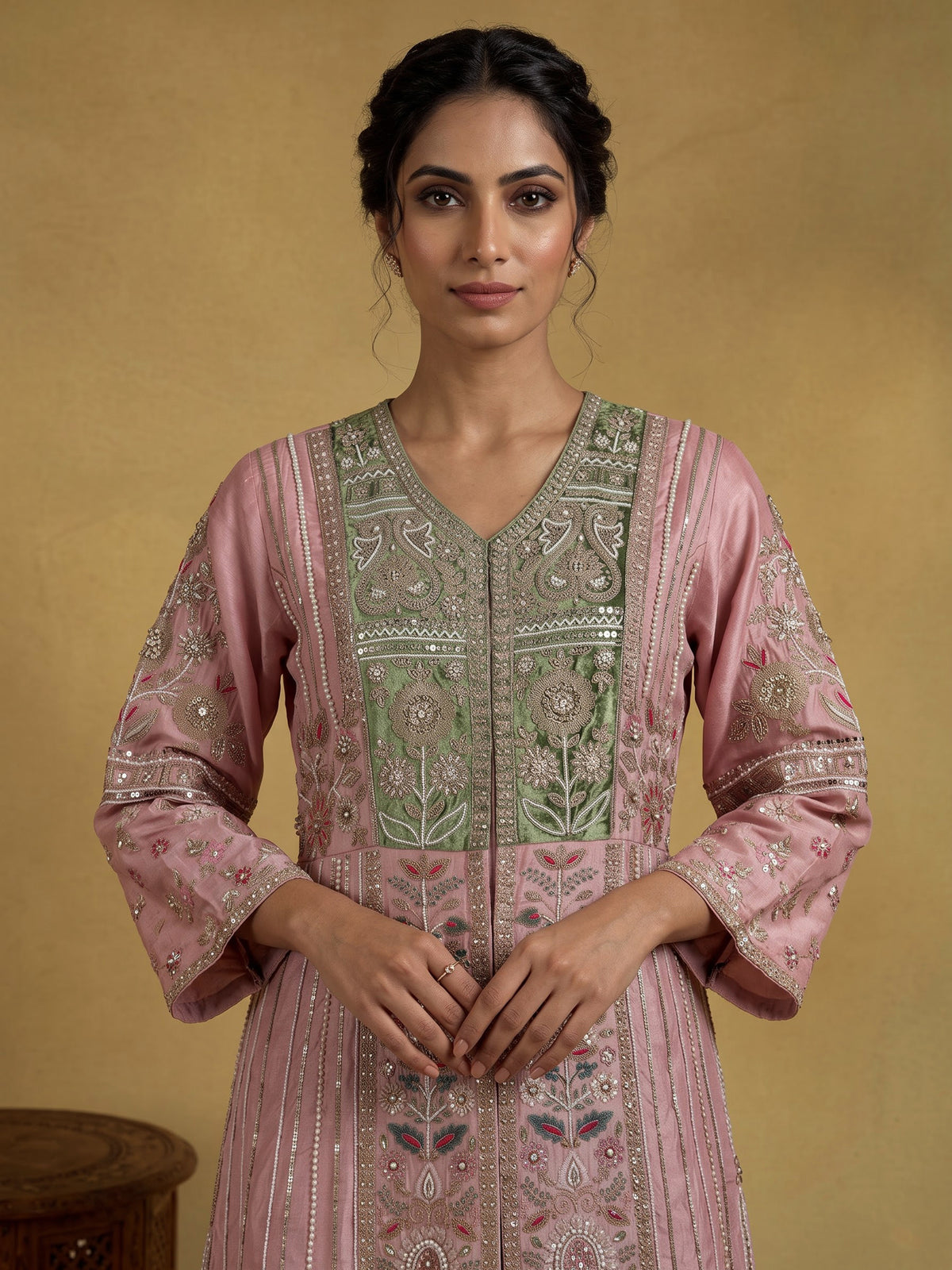 Light pink raw silk pakistani palazzo suit with heavy embellishments