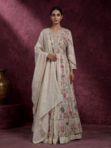 Cream silk pakistani anarkali lehenga suit with embellished dupatta
