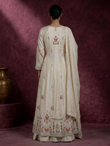 Cream silk pakistani anarkali lehenga suit with embellished dupatta