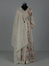 Cream silk pakistani anarkali lehenga suit with embellished dupatta