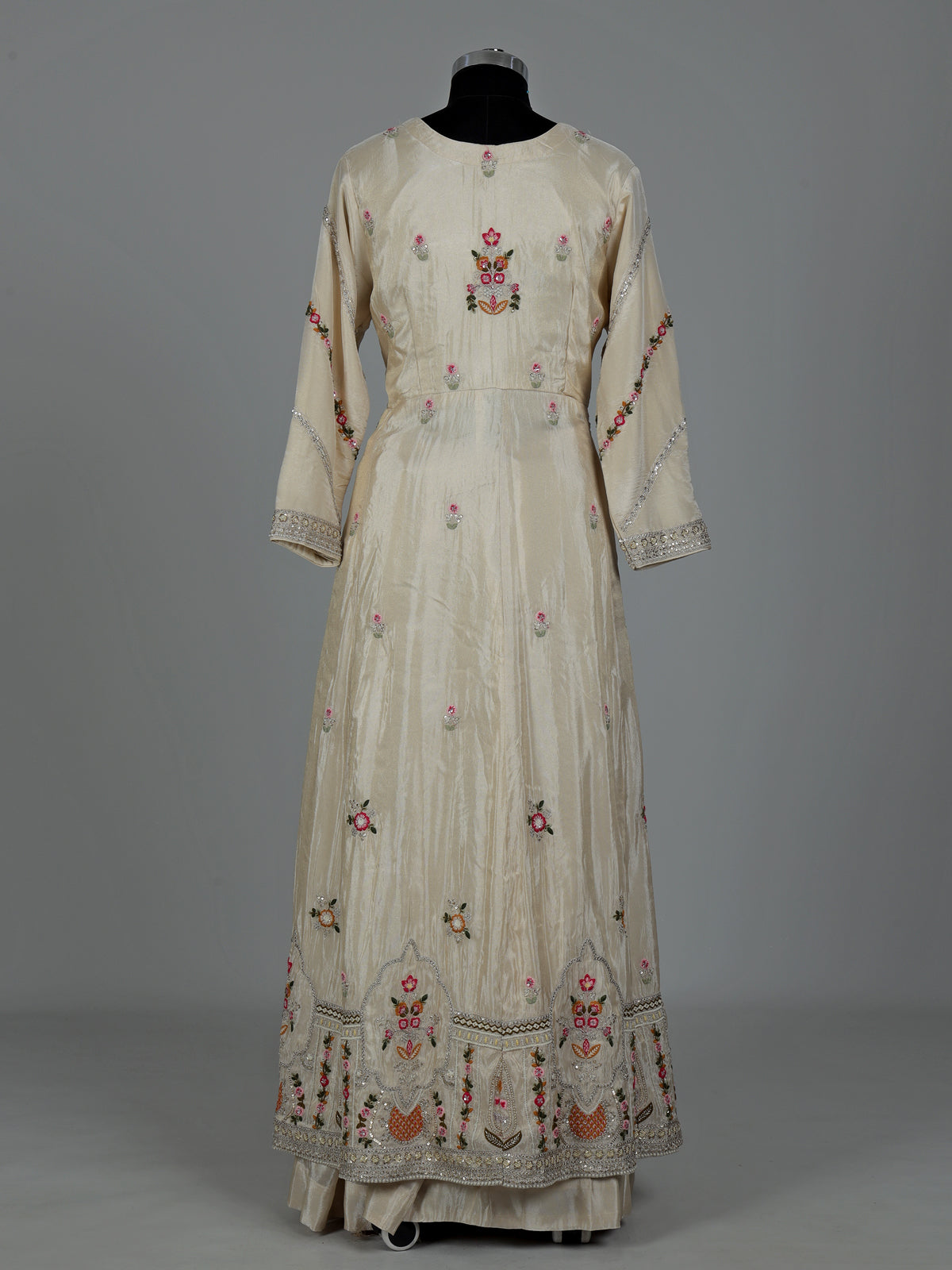 Cream silk pakistani anarkali lehenga suit with embellished dupatta