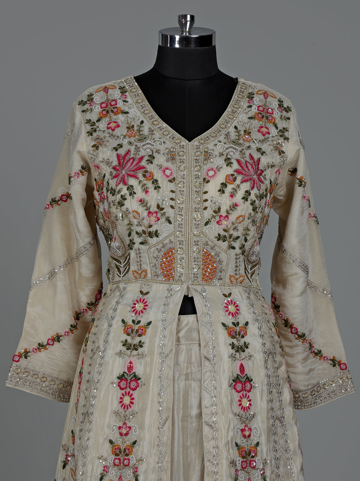 Cream silk pakistani anarkali lehenga suit with embellished dupatta
