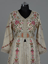 Cream silk pakistani anarkali lehenga suit with embellished dupatta