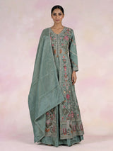 Pastel green silk pakistani anarkali lehenga with embellished dupatta