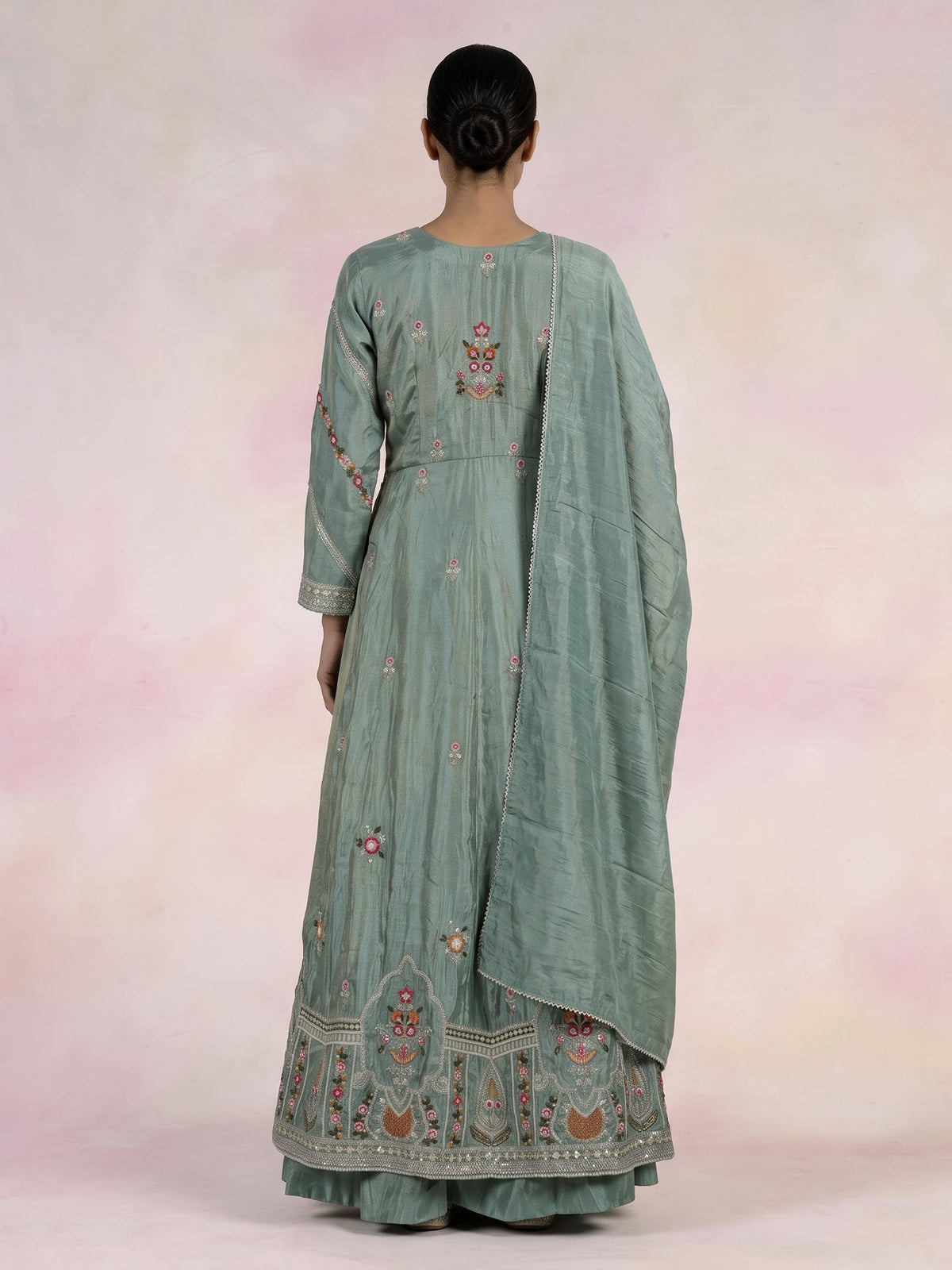 Pastel green silk pakistani anarkali lehenga with embellished dupatta
