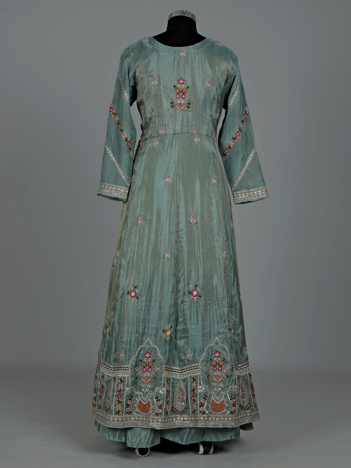 Pastel green silk pakistani anarkali lehenga with embellished dupatta