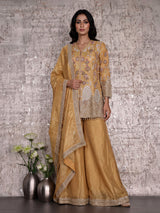 Mustard yellow silk palazzo suit with sequins and tassel detailing