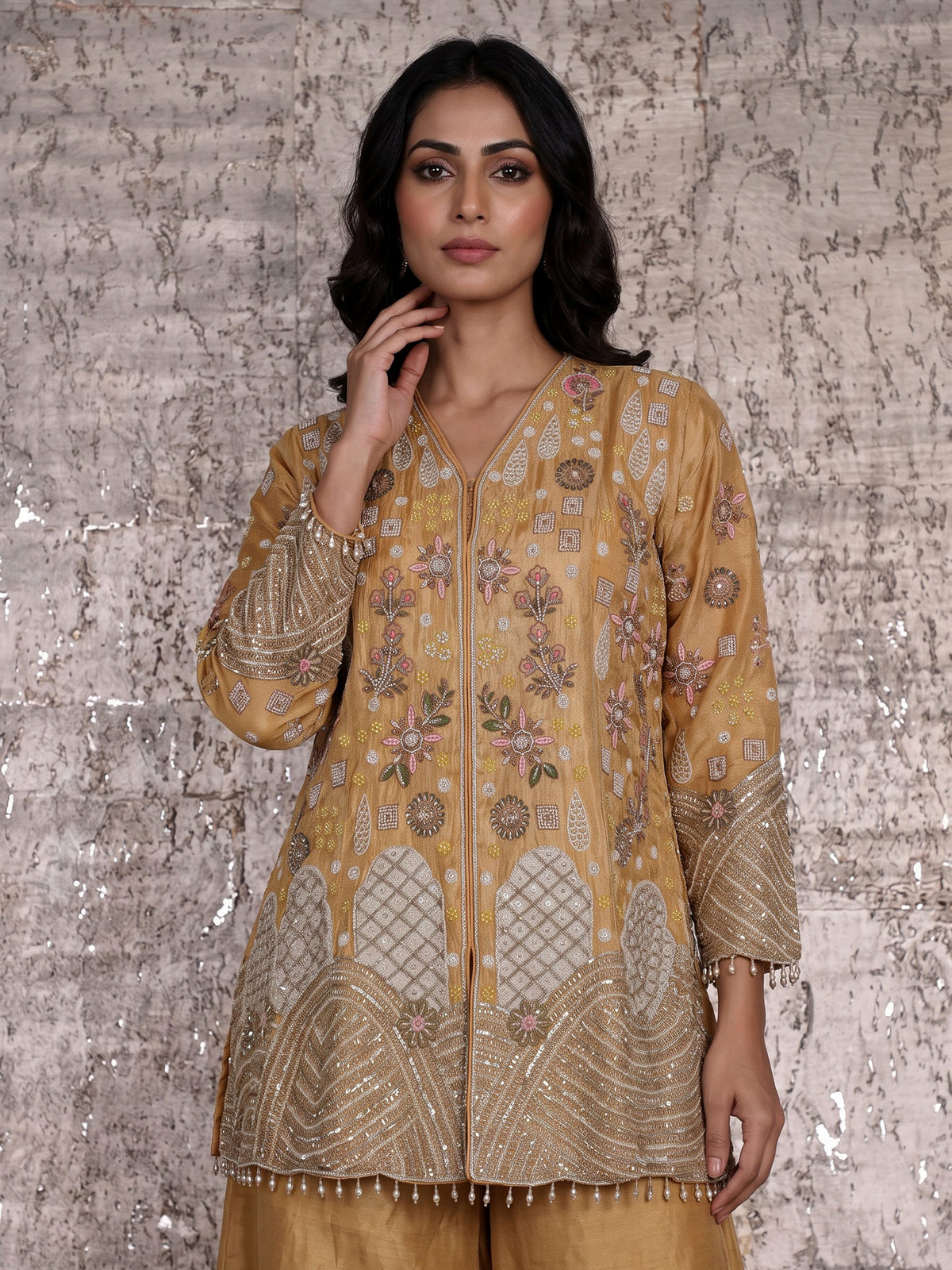 Mustard yellow silk palazzo suit with sequins and tassel detailing
