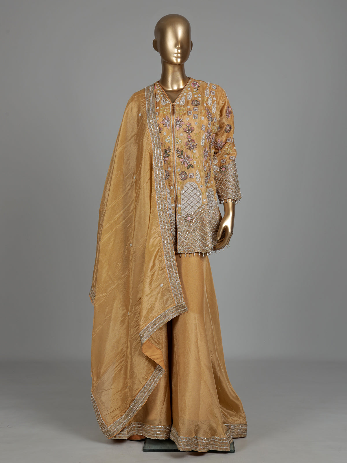 Mustard yellow silk palazzo suit with sequins and tassel detailing