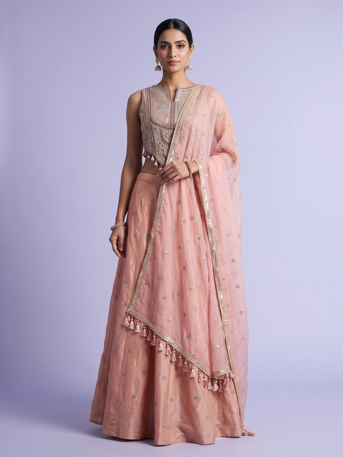 Peach tissue silk palazzo suit with zardosi and resham embellishments