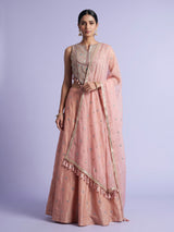 Peach tissue silk palazzo suit with zardosi and resham embellishments
