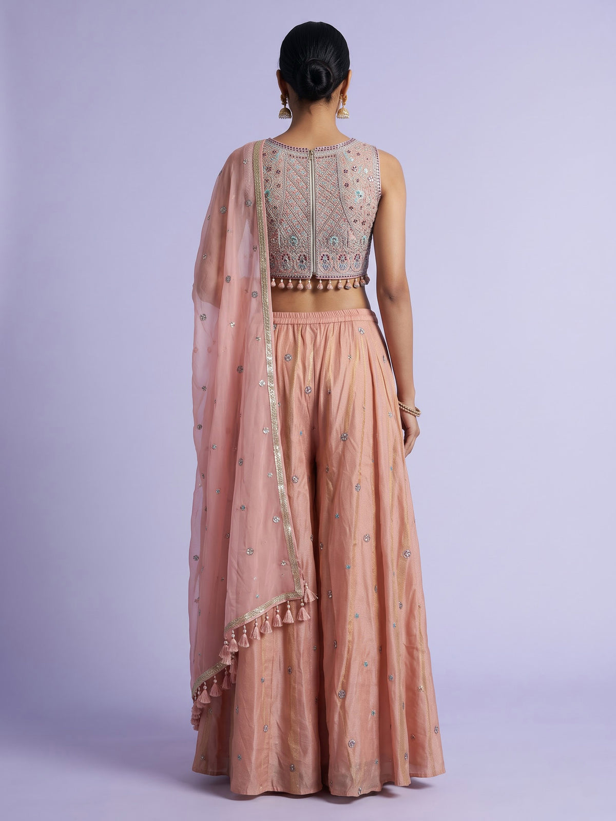 Peach tissue silk palazzo suit with zardosi and resham embellishments