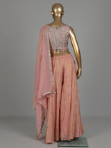 Peach tissue silk palazzo suit with zardosi and resham embellishments