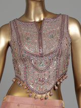 Peach tissue silk palazzo suit with zardosi and resham embellishments