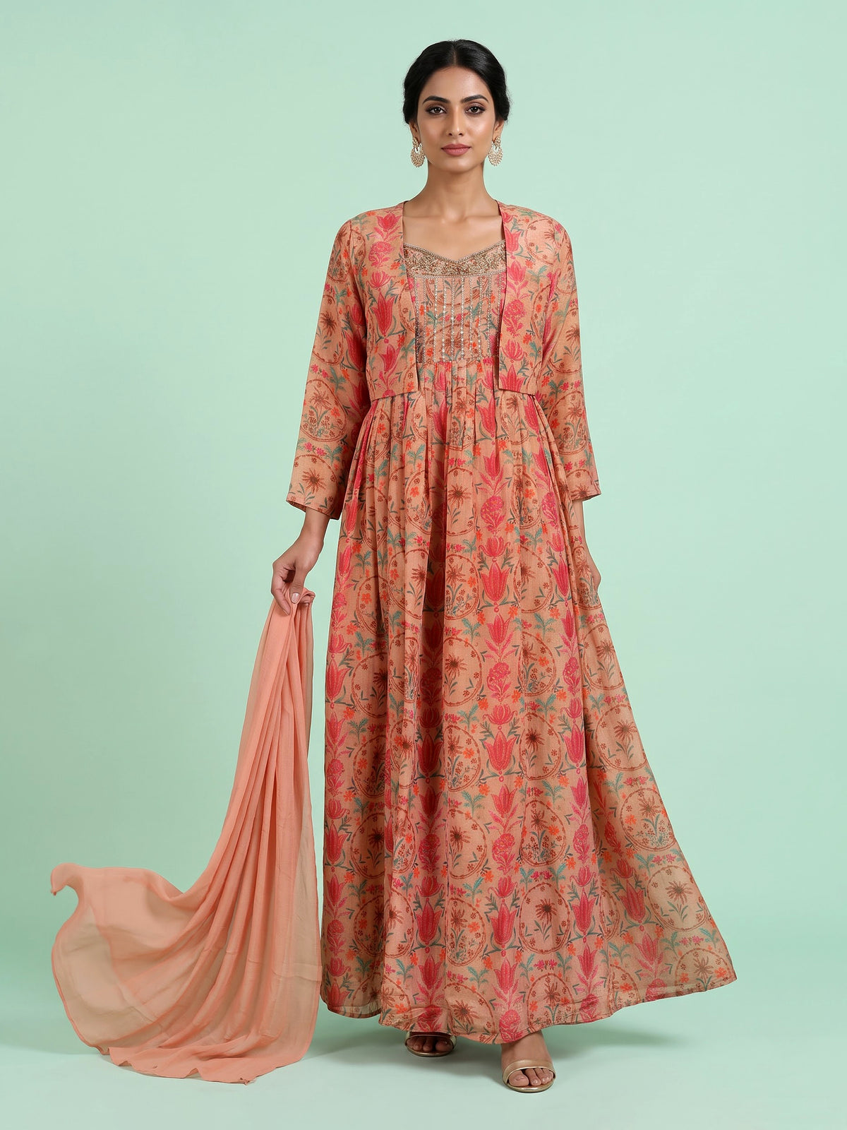 Peach printed silk jacket style anarkali with zardosi embellishments