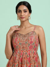 Peach printed silk jacket style anarkali with zardosi embellishments