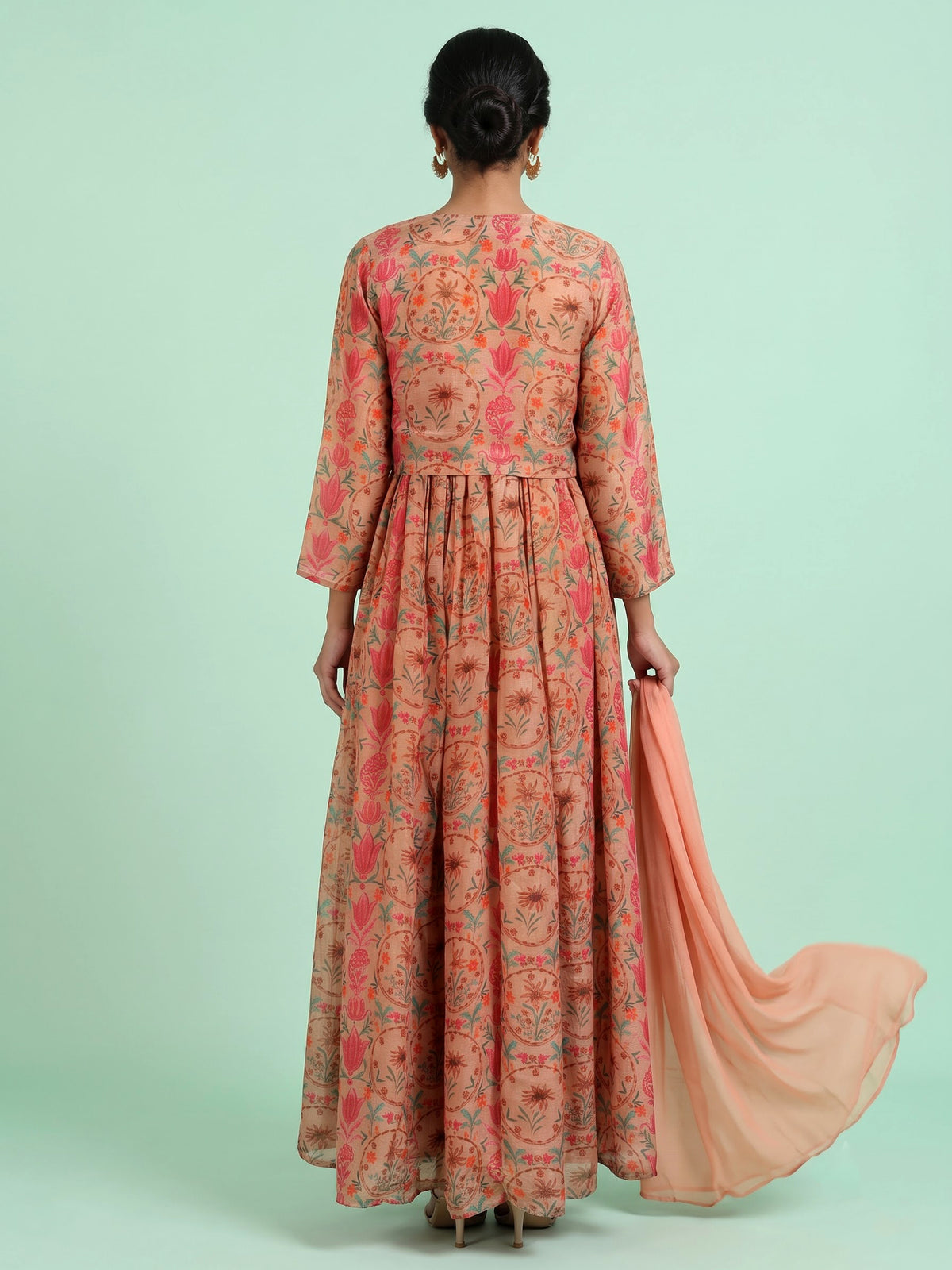 Peach printed silk jacket style anarkali with zardosi embellishments
