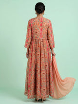 Peach printed silk jacket style anarkali with zardosi embellishments