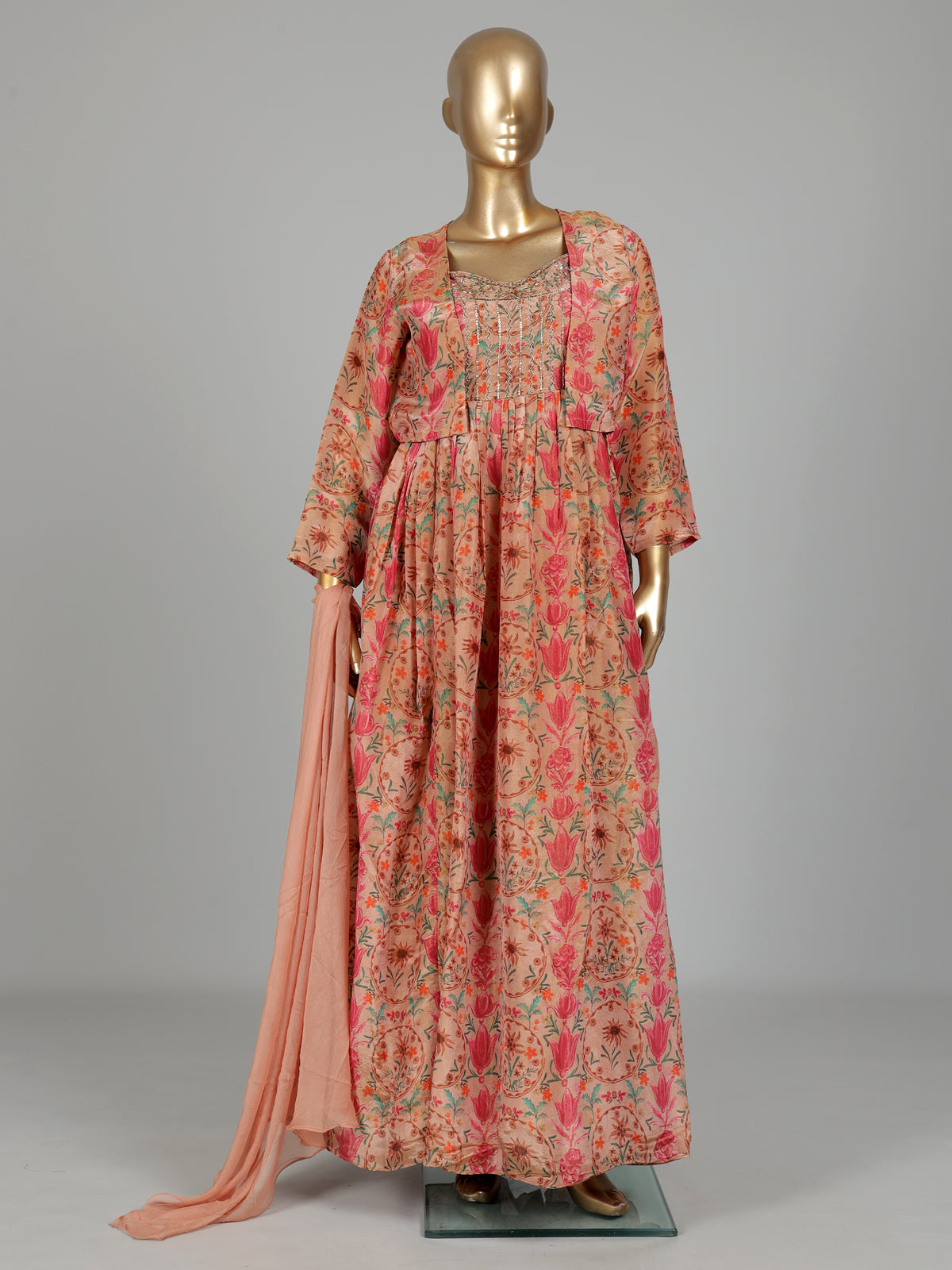 Peach printed silk jacket style anarkali with zardosi embellishments