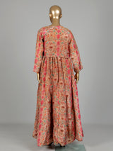 Peach printed silk jacket style anarkali with zardosi embellishments