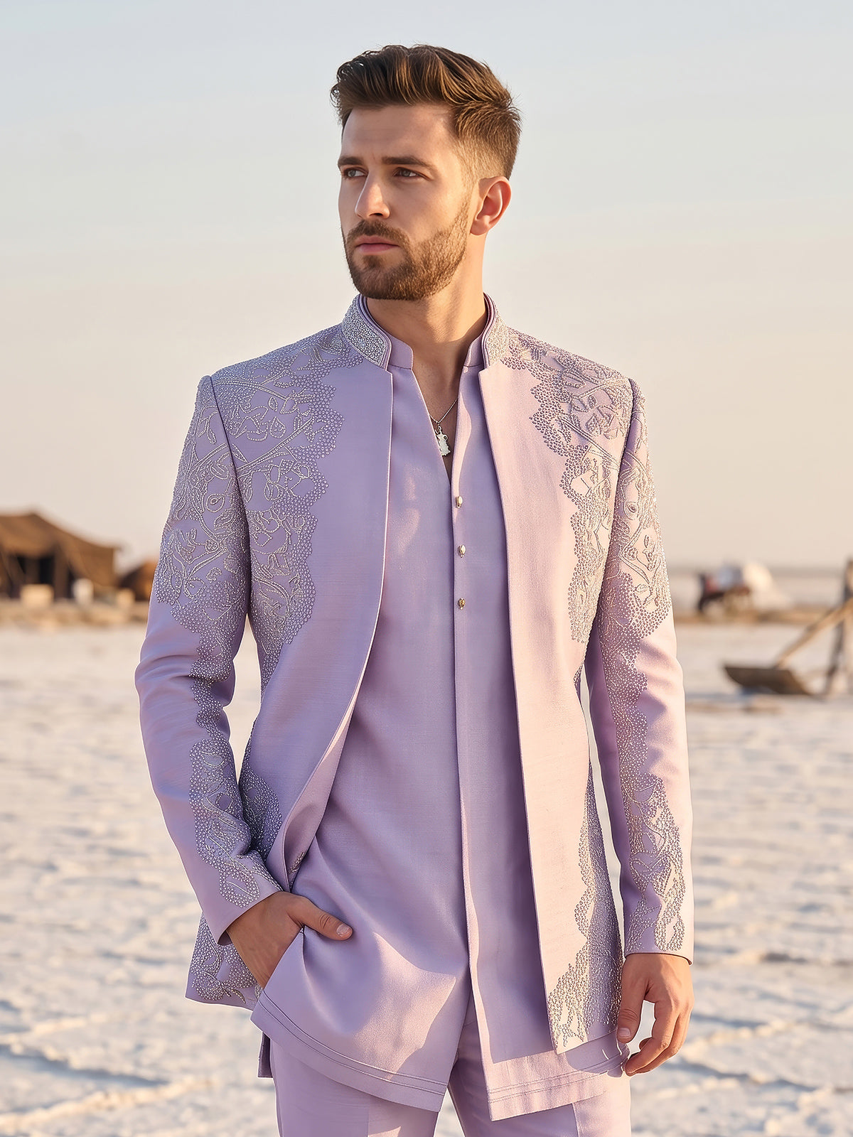 Lavender layered mens indo western