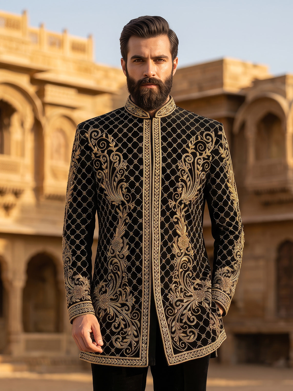 Black geometric mens indo western