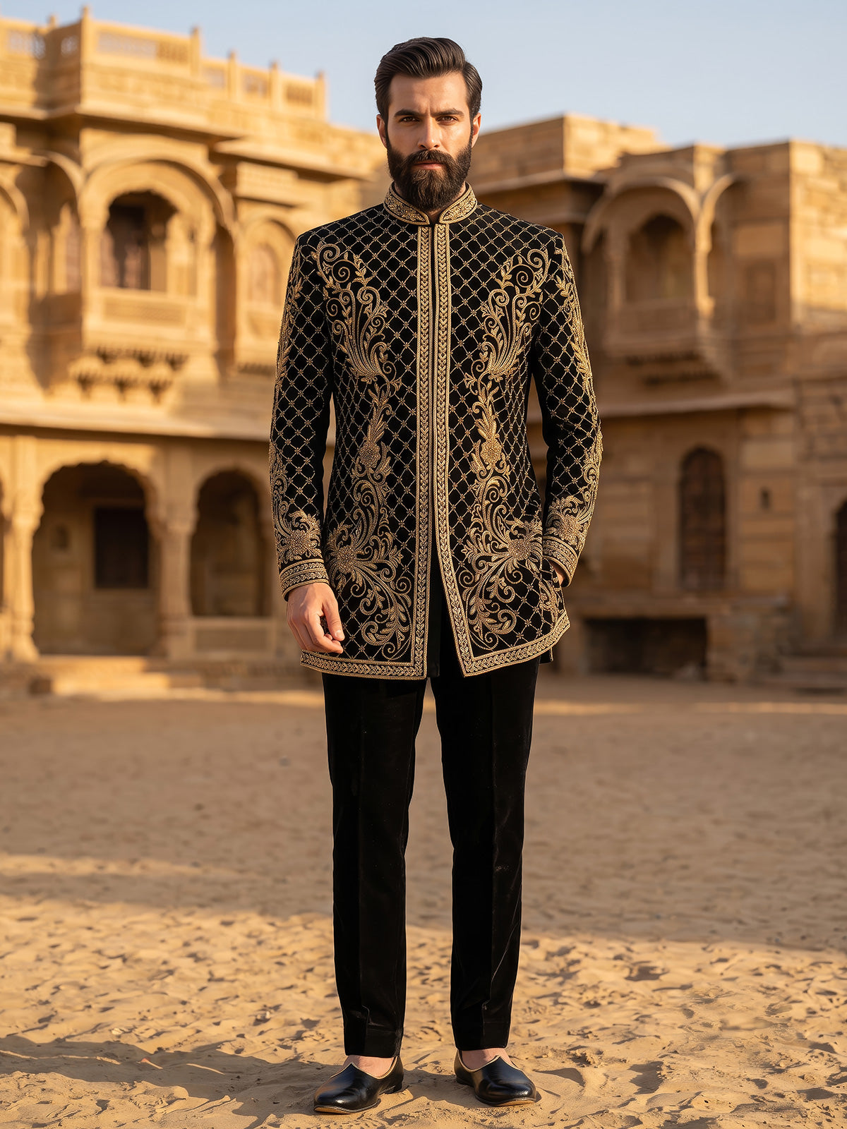 Black geometric mens indo western