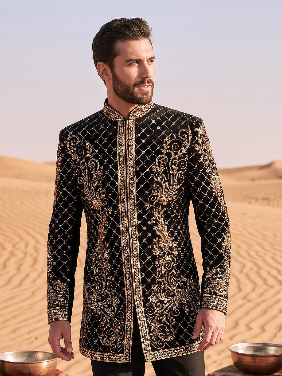 Black geometric mens indo western