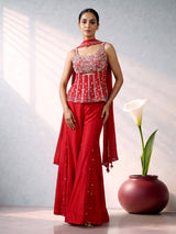 Red silk designer palazzo suit with bead embellishments