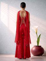 Red silk designer palazzo suit with bead embellishments