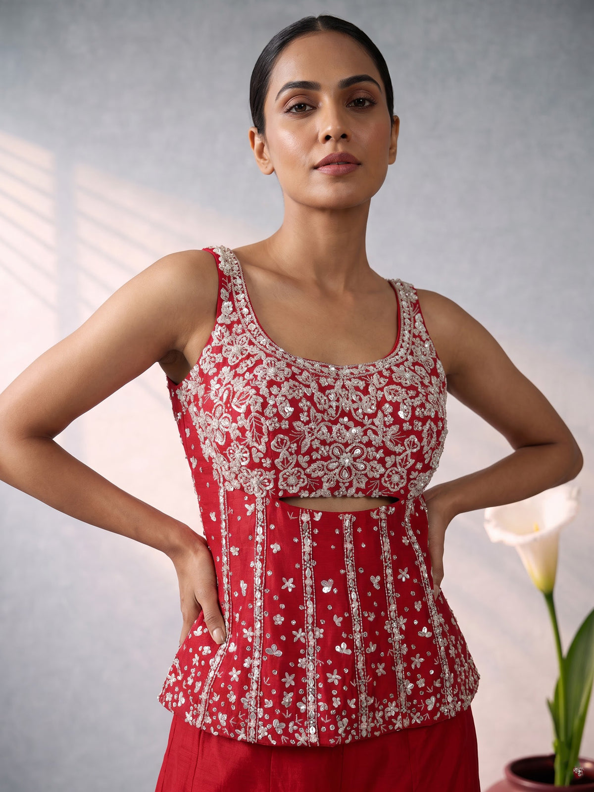 Red silk designer palazzo suit with bead embellishments