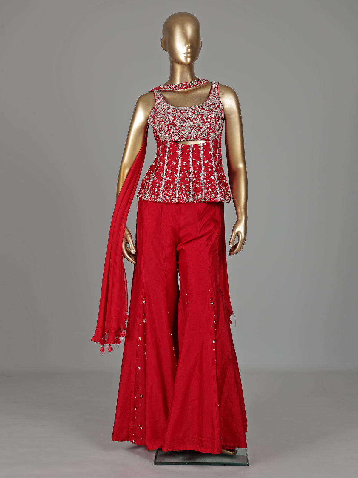 Red silk designer palazzo suit with bead embellishments