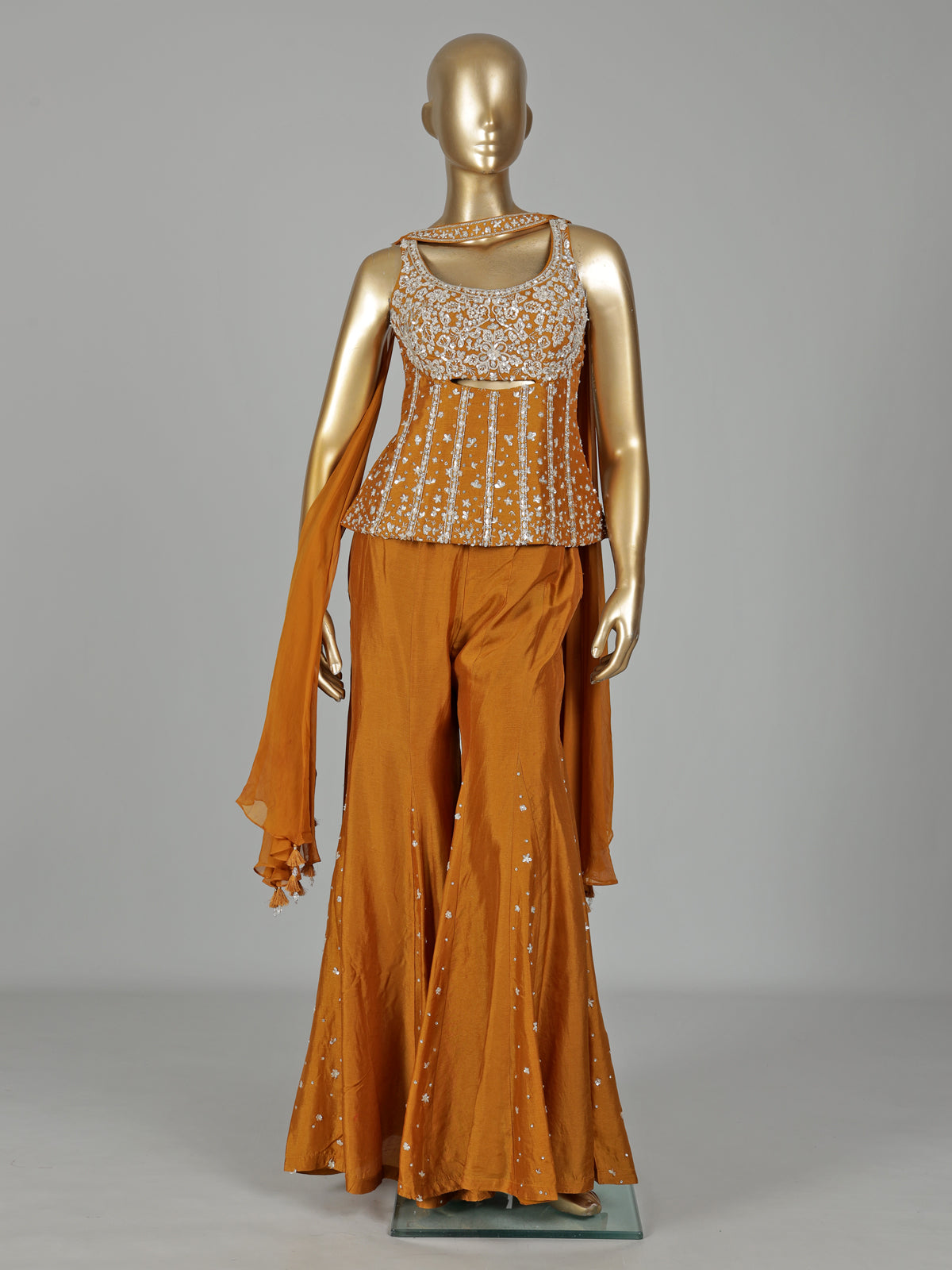 Rust orange silk palazzo suit with beadwork